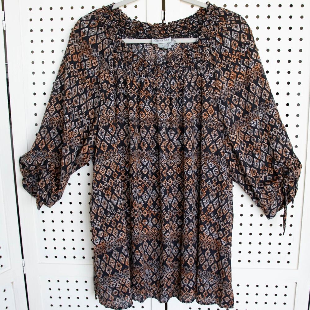 Catherines Plus Size 1X 18-20 Elastic Neck 3/4 Sleeve Top Black Multi-color